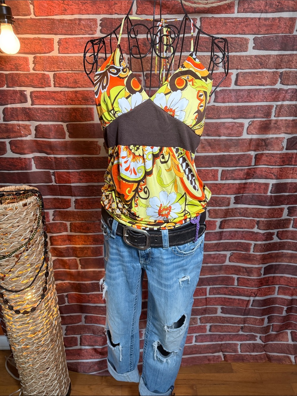 👚 Papaya Halter Top Bold Mod Print Y2K — Yellow/Brown — Sz Large / O